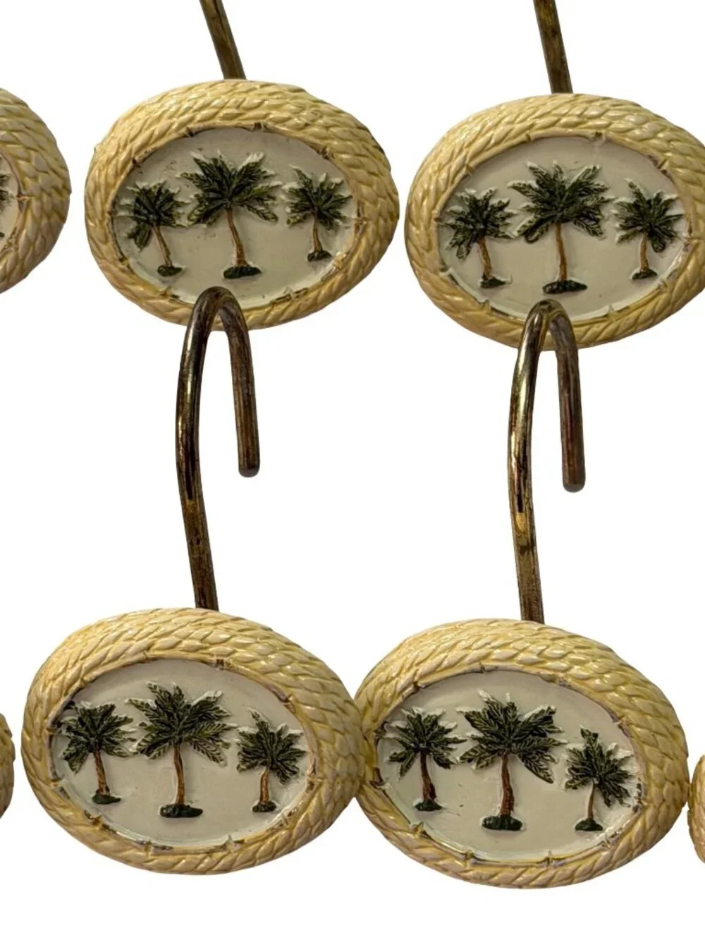 15 Palm Tree Shower Curtain Hooks Resin Gold Tone Tropical Coastal Bathroom